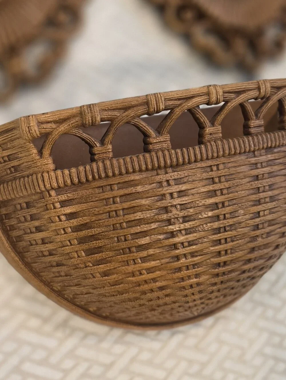 1970s Boho Vintage Oval Wall Mirrors And Wall Planter In Faux Wood Wicker